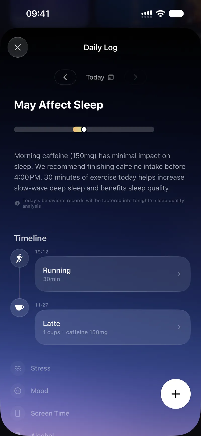 The Daily Log, showing how the day’s coffee and workout may affect tonight’s sleep