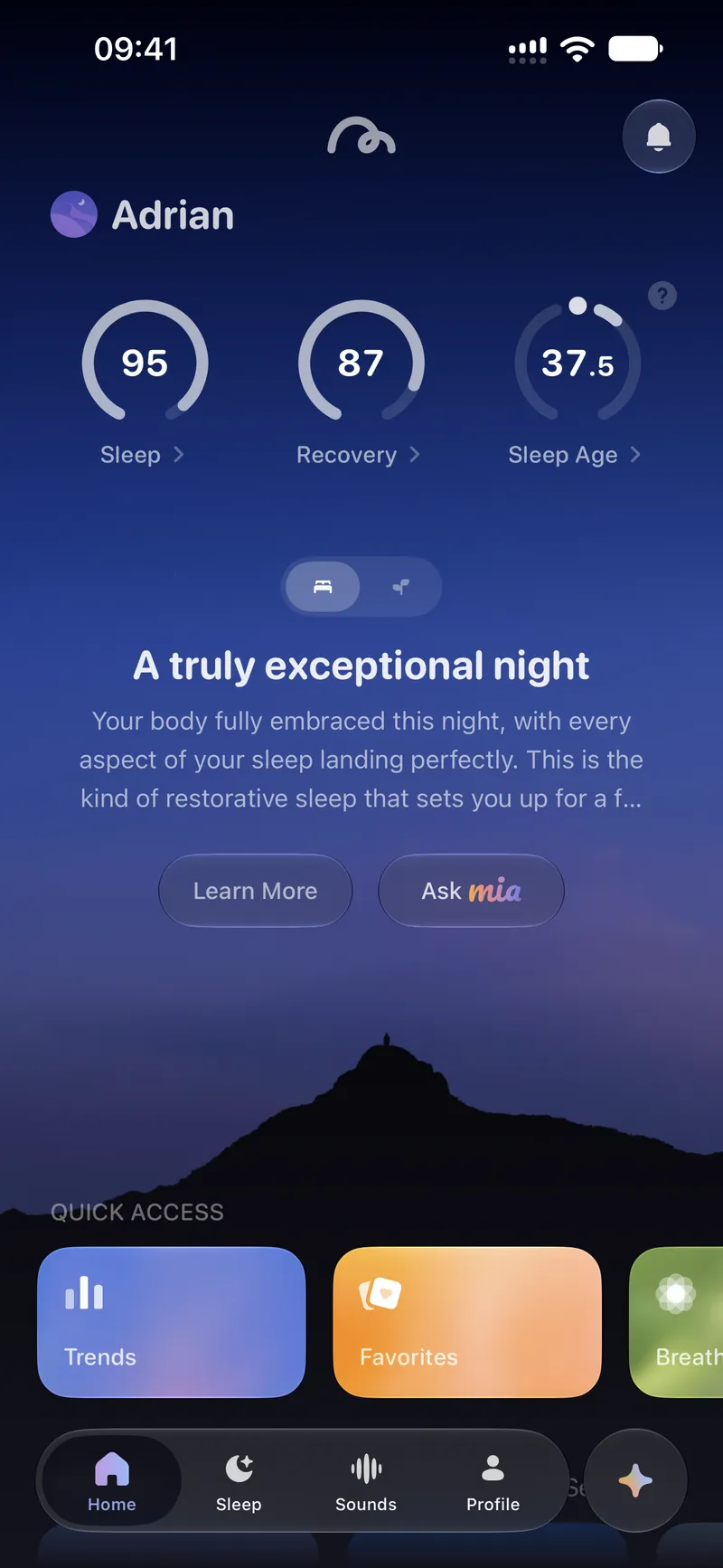 Your sleep, recovery and Sleep Age scores, with a written read on the night