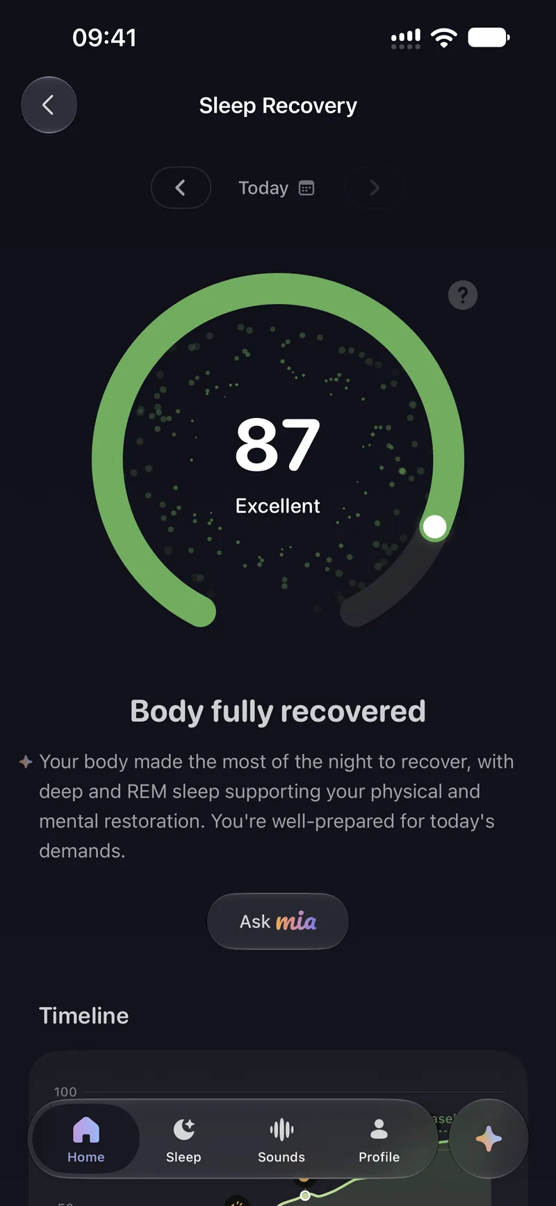 A recovery score of 87, with a written read on how the body recovered overnight