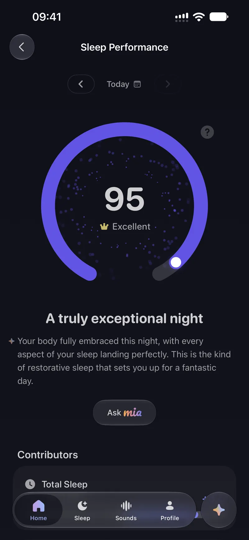 The sleep score for last night, with sleep stages and timings